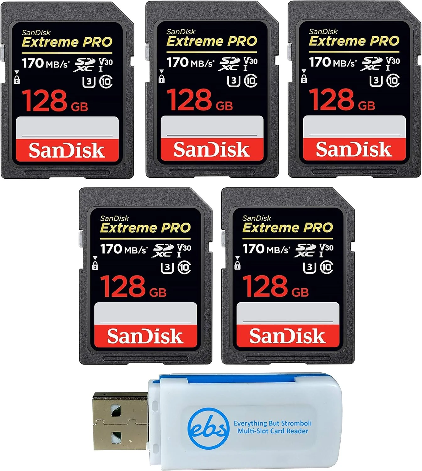 کارت حافظه سن دیسک SD Extreme Pro (بسته پنج عددی) سازگار با دوربین های دیجیتال DSLR 4K V30 UHS-I (SDSDXXG-GN4IN) به همراه کارت خوان ترکیبی Everything But Stromboli (TM) مشکی 128 گیگابایت
