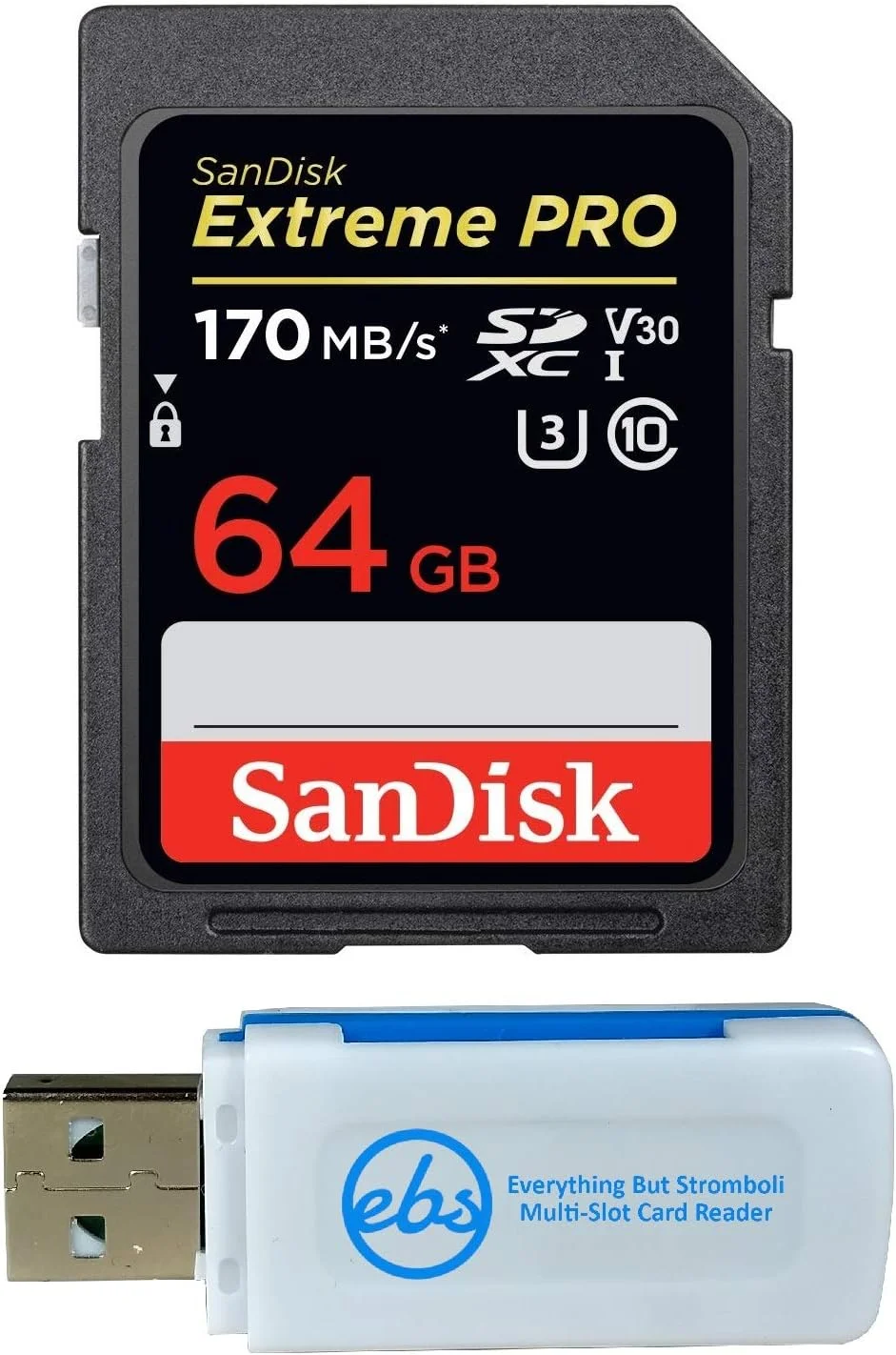 کارت حافظه 64 گیگابایتی SanDisk SDXC Extreme Pro سازگار با دوربین های بدون آینه Olympus OM-D E-M10 Mark II و PEN E-PL9 4K V30 (SDSDXXY-064G-GN4IN) به همراه (1) کارت خوان ترکیبی Everything But Stromboli (TM)