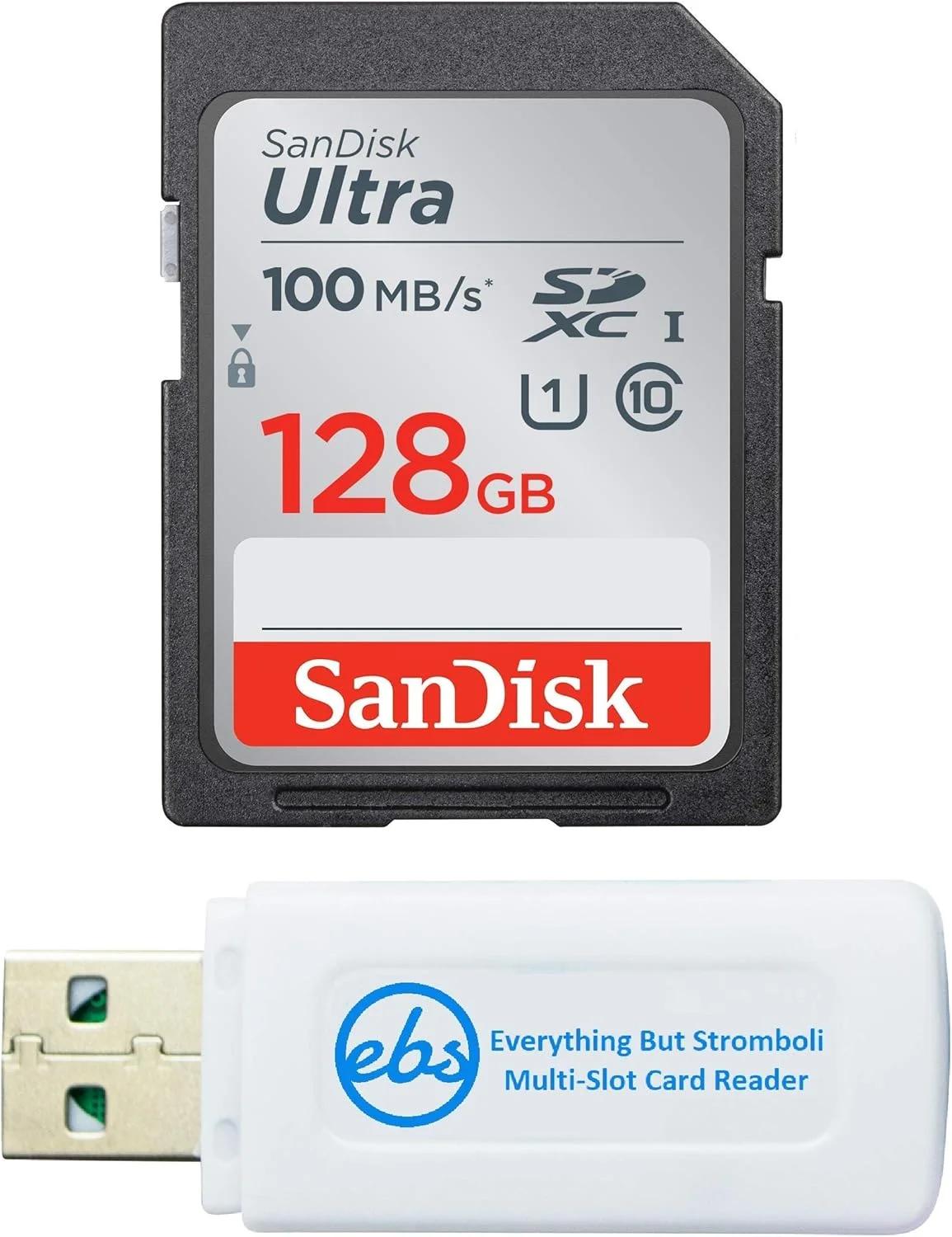 کارت حافظه 128 گیگابایتی SanDisk Ultra SD برای دوربین فوجی فیلم سازگار با X-S10, X-T4, X-T200, X-A7, X-T100 کلاس 10 UHS-I (SDSDUNR-128G-GN6IN) همراه با کارت خوان Micro & SDXC Everything But Stromboli