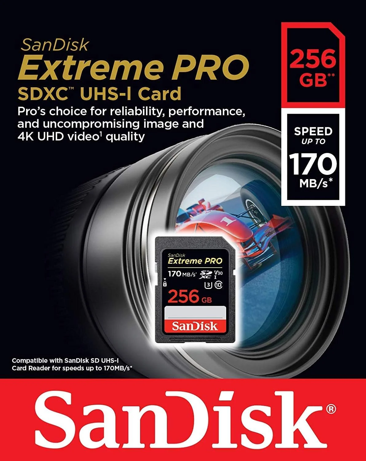 کارت حافظه 256 گیگابایتی SanDisk Extreme Pro SDXC UHS-I مناسب دوربین های نیکون D3500، D7500، D5600 (SDSDXXY-256G-GN4IN) کلاس 10 با قابلیت ضبط ویدئو 4K UHD به همراه (1) کارت خوان حافظه Everything But Stromboli 3.0