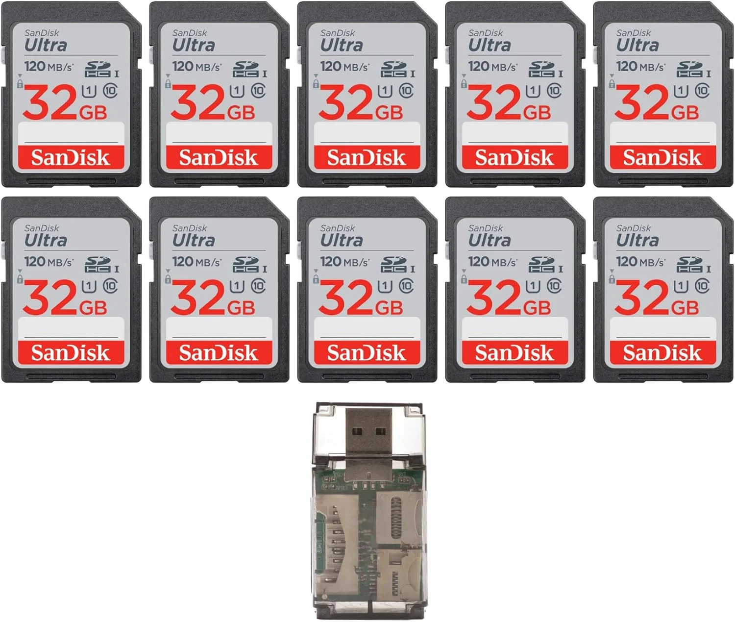 کارت حافظه 32 گیگابایتی SanDisk Ultra SDHC UHS-I برای عکاسی با سرعت بالا و فیلمبرداری Full HD - راه حل ذخیره سازی قابل اعتماد - ضد آب، ضد ضربه و ضد اشعه ایکس همراه با کارت خوان USB (بسته 10 عددی)