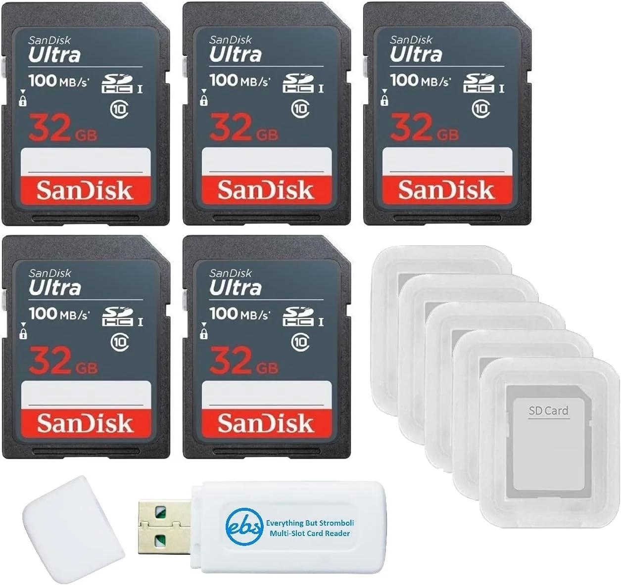 بسته 5 عددی کارت حافظه 32 گیگابایتی SanDisk Ultra SDHC UHS-I Class 10 (SDSDUNR-032G-GN3IN) به همراه 5 عدد جعبه کارت SD و 1 عدد کارت خوان Everything But Stromboli