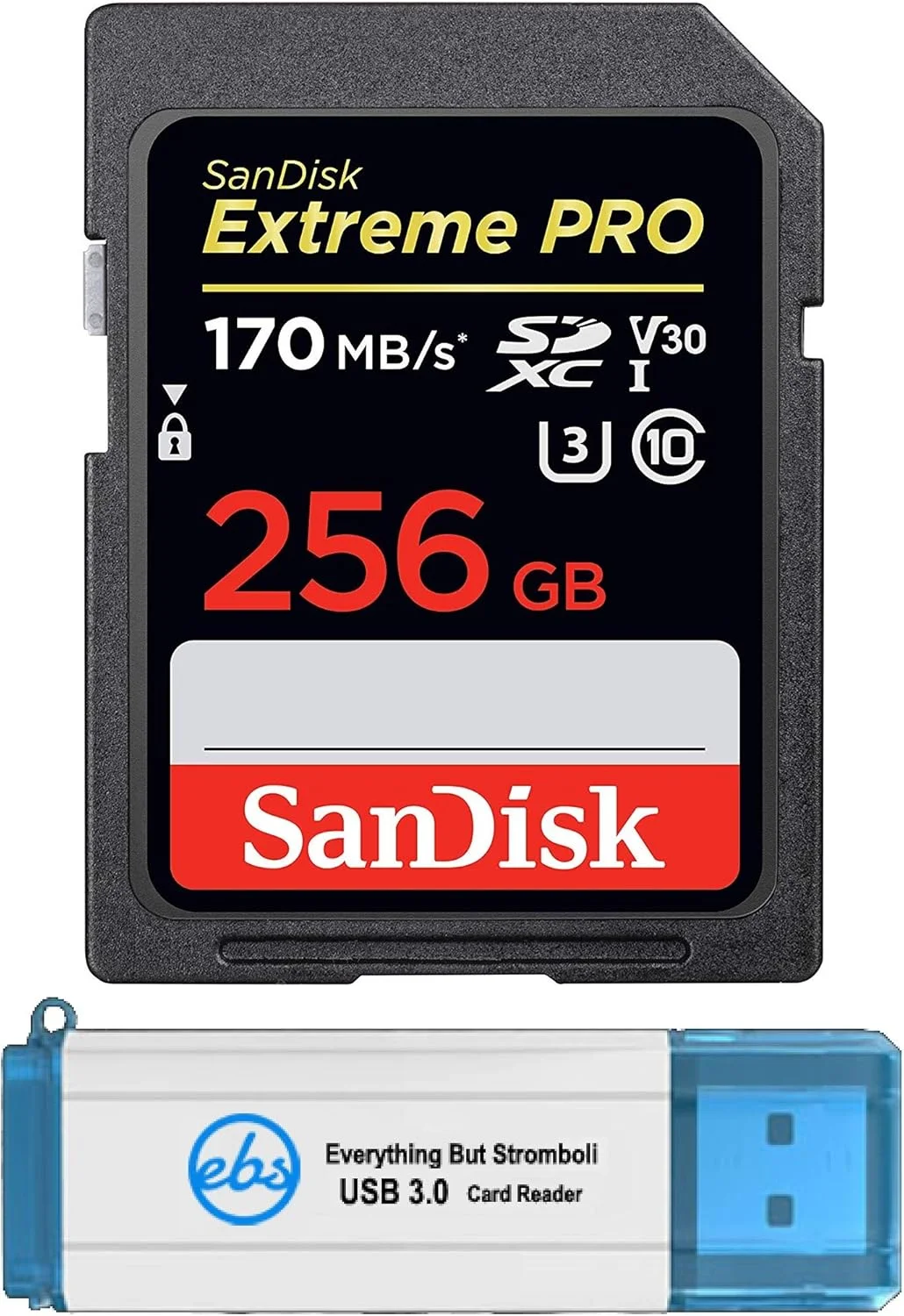 کارت حافظه 256 گیگابایتی SanDisk Extreme Pro SDXC سازگار با دوربین Canon مدل EOS M50 Mark II و EOS Ra به همراه کارت خوان حافظه Everything But Stromboli 3.0 SD