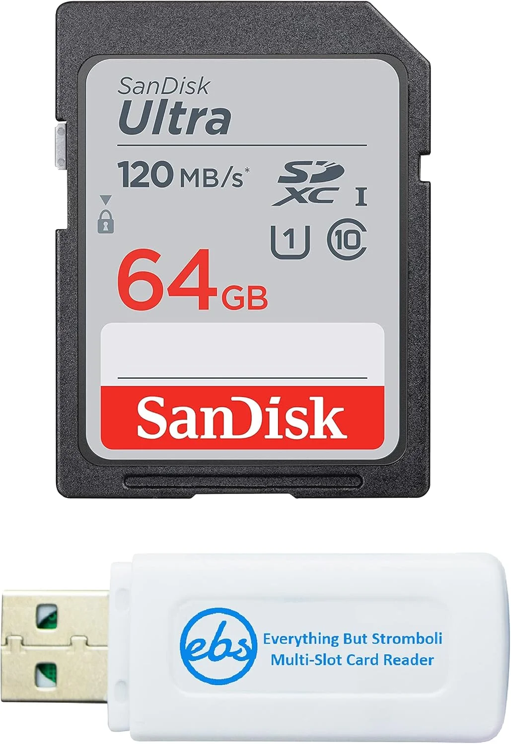 کارت حافظه SanDisk SD Ultra کلاس 10 سازگار با دوربین دیجیتال Sony Cyber-Shot DSC-W800, W830, W810 به همراه کارت خوان چندکاره Everything But Stromboli