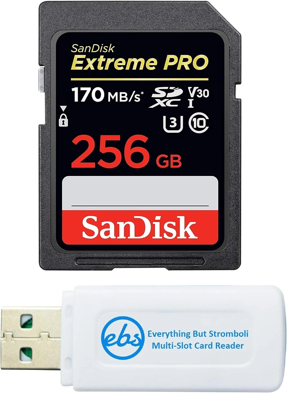 کارت حافظه 256 گیگابایتی SanDisk Extreme Pro SD برای دوربین نیکون سازگار با Nikon Z50, Z5 Mirroless, D780 Digital DSLR (SDSDXXY-256G-GN4IN) به همراه (1) کارت خوان حافظه Micro & SDXC Everything But Stromboli