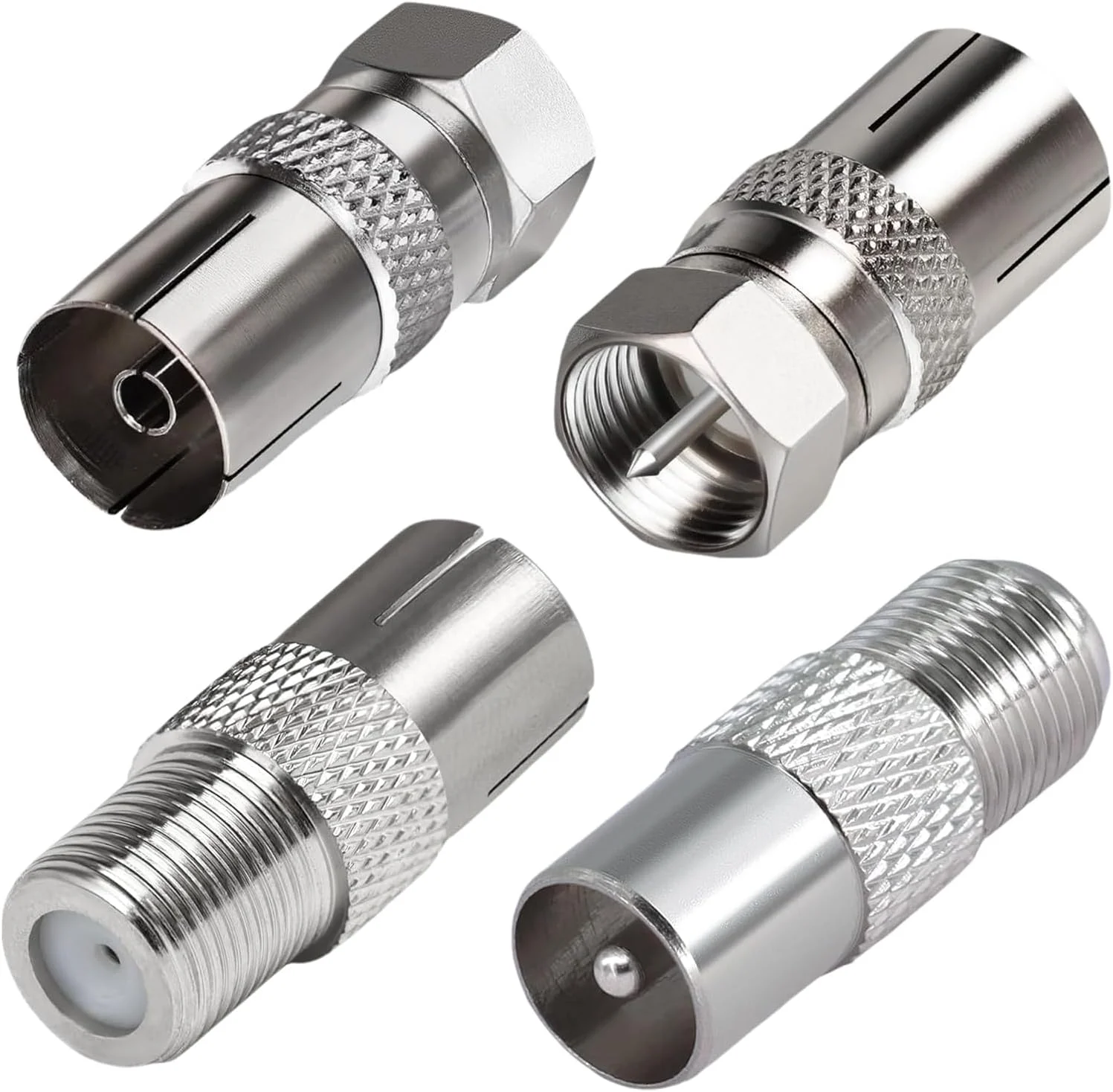 مجموعه 4 عددی آداپتور نوع F به کواکسیال، برای ماهواره با تلویزیون، روتر، مودم، گیرنده ماهواره، تجهیزات صوتی/تصویری، سوکت F مادگی به دوشاخه کواکسیال نری آداپتور اتصال آنتن تلویزیون برای کابل