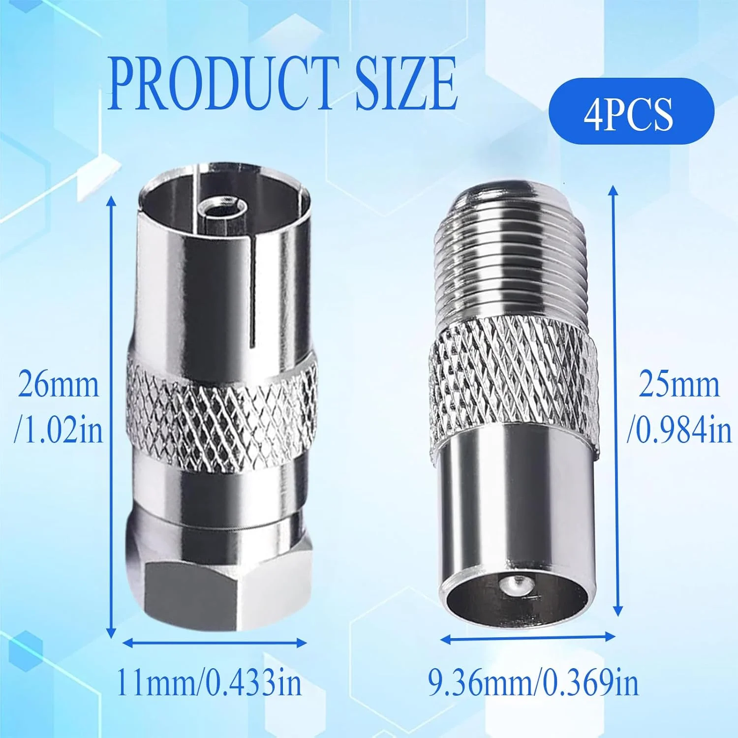 مجموعه 4 عددی آداپتور نوع F به کواکسیال، برای ماهواره با تلویزیون، روتر، مودم، گیرنده ماهواره، تجهیزات صوتی/تصویری، سوکت F مادگی به دوشاخه کواکسیال نری آداپتور اتصال آنتن تلویزیون برای کابل