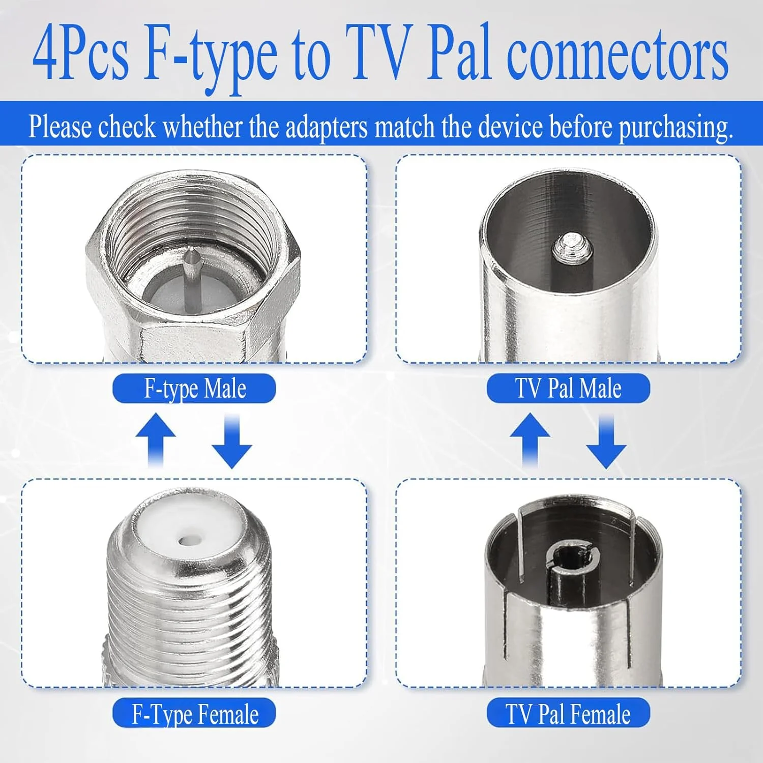 مجموعه 4 عددی آداپتور نوع F به کواکسیال، برای ماهواره با تلویزیون، روتر، مودم، گیرنده ماهواره، تجهیزات صوتی/تصویری، سوکت F مادگی به دوشاخه کواکسیال نری آداپتور اتصال آنتن تلویزیون برای کابل