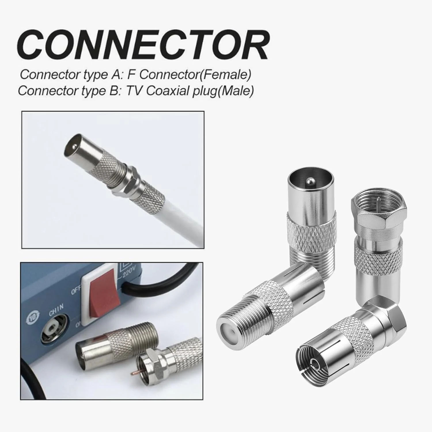 کیت آداپتور 4 عددی نوع F به کواکسیال برای ماهواره، آنتن، کابل های هوایی، سازگار با تلویزیون، روتر، مودم، گیرنده ماهواره، تجهیزات صوتی/تصویری کیت آداپتور 4 عددی نوع F به کواکسیال برای ماهواره، آنتن، کابل های هوایی، سازگار با تلویزیون، روتر، مودم، گیرنده ماهواره، تجهیزات صوتی/تصویری