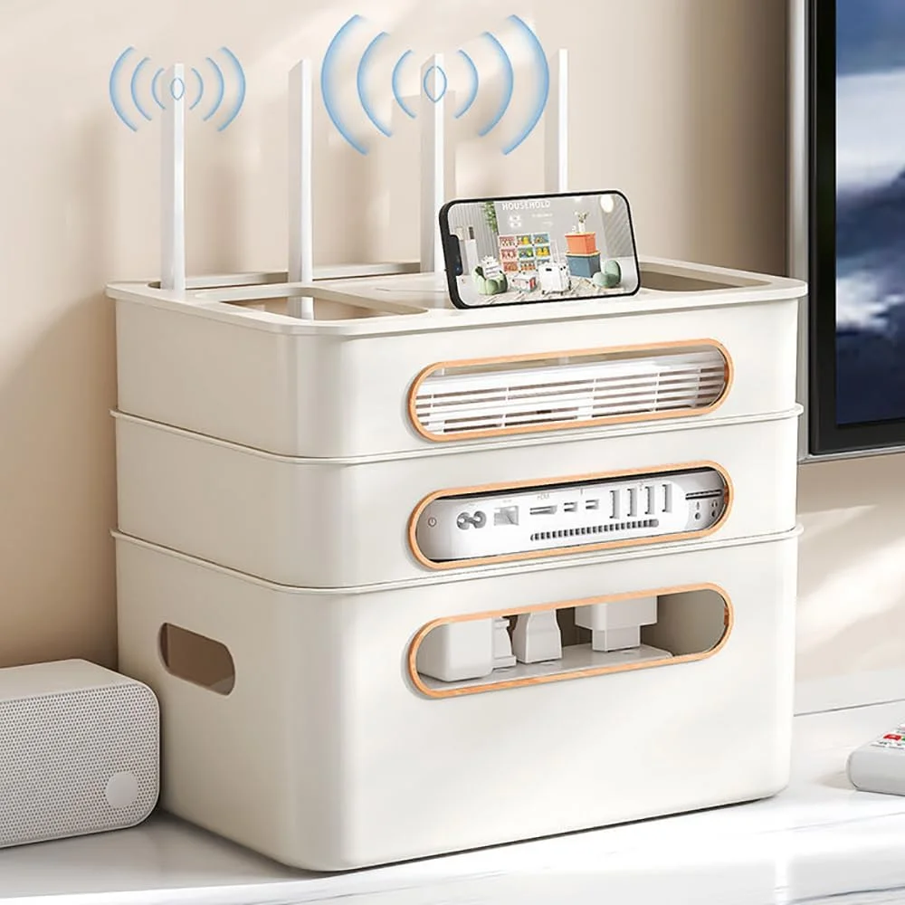 جعبه نگهداری روتر وای فای APAP، محفظه مدیریت سیم، جعبه نگهداری چند منظوره کابل، جعبه روتر کاربردی برای روتر کابل دفتر کار خانگی (3 لایه، زردآلویی)