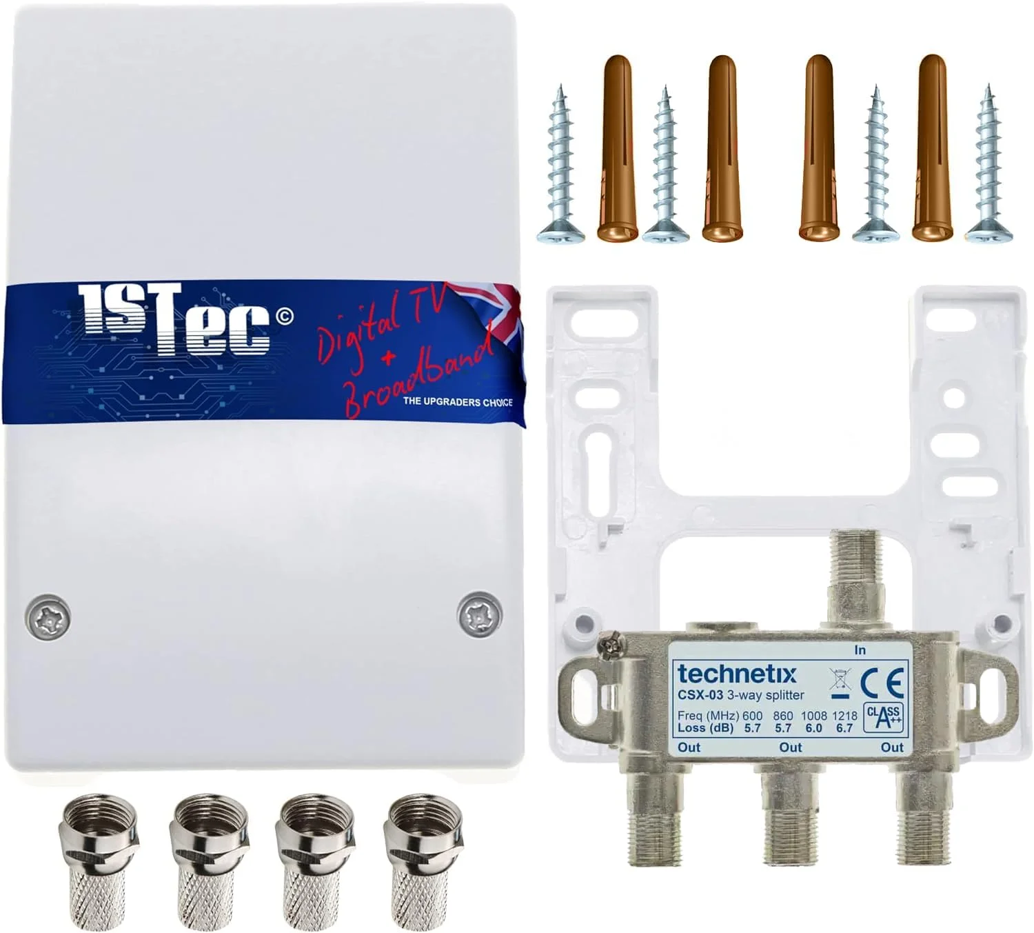 اسپلیتر 2/3 راهه پهن باند Technetix Passive به همراه کاور و اتصالات F برای اتصال کابل ها به تی وی، مودم و روتر اینترنت 1218MHZ