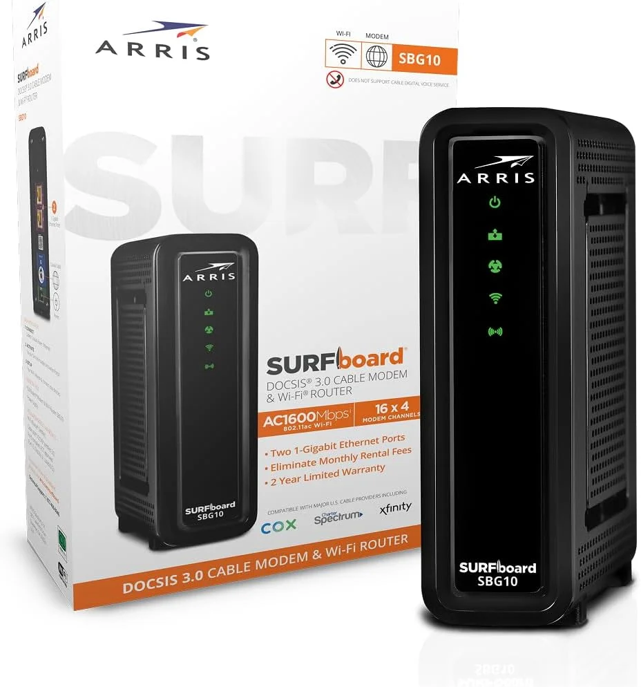 مودم کابلی گیگابیتی ARRIS SURFboard SBG10 DOCSIS 3.0 16 x 4 و روتر وای فای AC1600 | Comcast Xfinity, Cox, Spectrum | دو پورت 1 گیگابیت بر ثانیه | حداکثر سرعت اینترنت 400 مگابیت بر ثانیه | برنامه SURFboard مودم کابلی گیگابیتی ARRIS SURFboard SBG10 DOCSIS 3.0 16 x 4 و روتر وای فای AC1600 | Comcast Xfinity, Cox, Spectrum | دو پورت 1 گیگابیت بر ثانیه | حداکثر سرعت اینترنت 400 مگابیت بر ثانیه | برنامه SURFboard