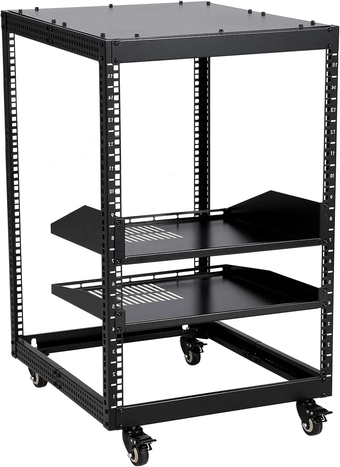 رک سرور فریم باز 15U – عمق قابل تنظیم 23 تا 40 اینچ، رک IT ایستاده و قابل نصب روی دیوار با چرخ‌های قفل‌دار، شامل یک قفسه 1U، ظرفیت 500 پوند برای شبکه، سرورها، تجهیزات AV، روتر و مودم