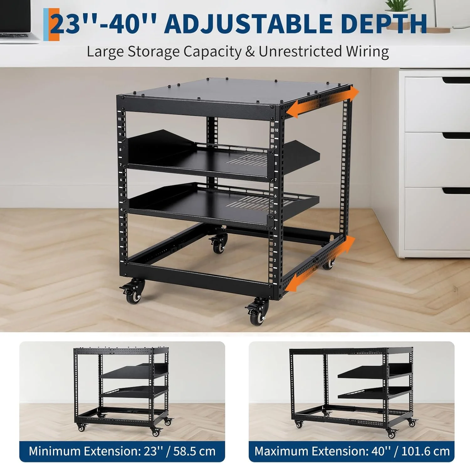 رک سرور فریم باز 15U – عمق قابل تنظیم 23 تا 40 اینچ، رک IT ایستاده و قابل نصب روی دیوار با چرخهای قفلدار، شامل یک قفسه 1U، ظرفیت 500 پوند برای شبکه، سرورها، تجهیزات AV، روتر و مودم رک سرور فریم باز 15U – عمق قابل تنظیم 23 تا 40 اینچ، رک IT ایستاده و قابل نصب روی دیوار با چرخهای قفلدار، شامل یک قفسه 1U، ظرفیت 500 پوند برای شبکه، سرورها، تجهیزات AV، روتر و مودم