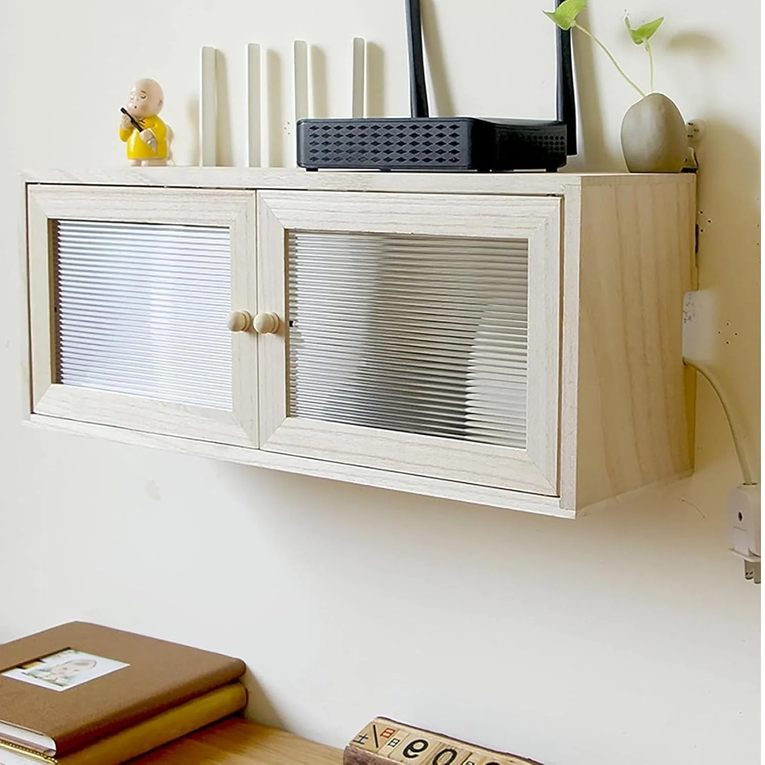باکس ذخیره سازی روتر وای فای بی سیم HOLGVE، قفسه روتر چوبی دیواری، باکس مخفی روتر وای فای، پوشش رک مودم، کابینت روتر برای دفتر و خانه (سفید، 50x20 سانتی متر)