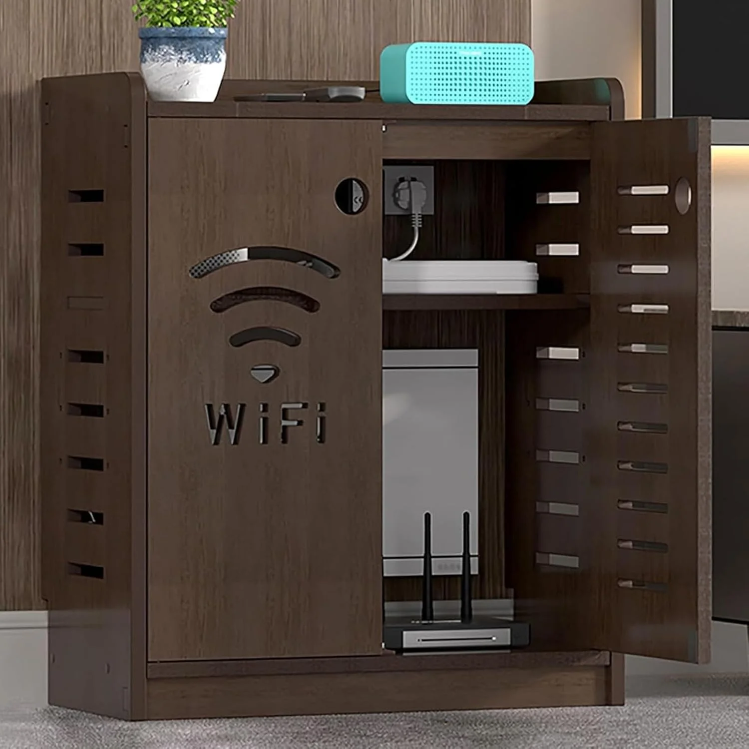 کابینت روتر وای فای، جعبه ایستاده مودم، سازمان دهنده تجهیزات روتر PVC مخفی برای خانه و دفتر (قهوه ای، ارتفاع 80 سانتی متر)