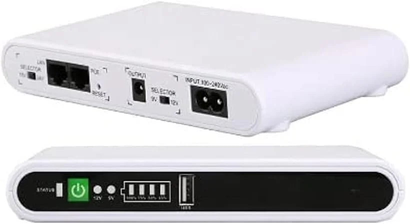 منبع تغذیه بدون وقفه DC POE-432P با باتری پشتیبان داخلی 10000mAh برای وای فای، مودم روتر، دوربین مداربسته، با توان خروجی 17W، خروجی USB 5V 1A، خروجی DC 9V/12V/1A، 15V/24V 0.6A - سفید