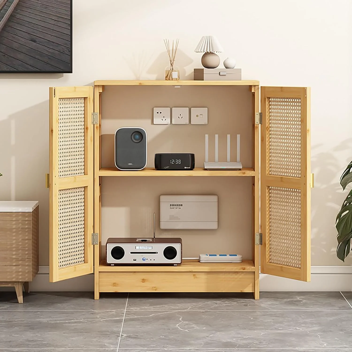 کابینت ایستاده برای روتر وای فای، جعبه نگهداری روتر، مودم کابلی و تجهیزات شبکه - طراحی شیک با تهویه و مدیریت کابل