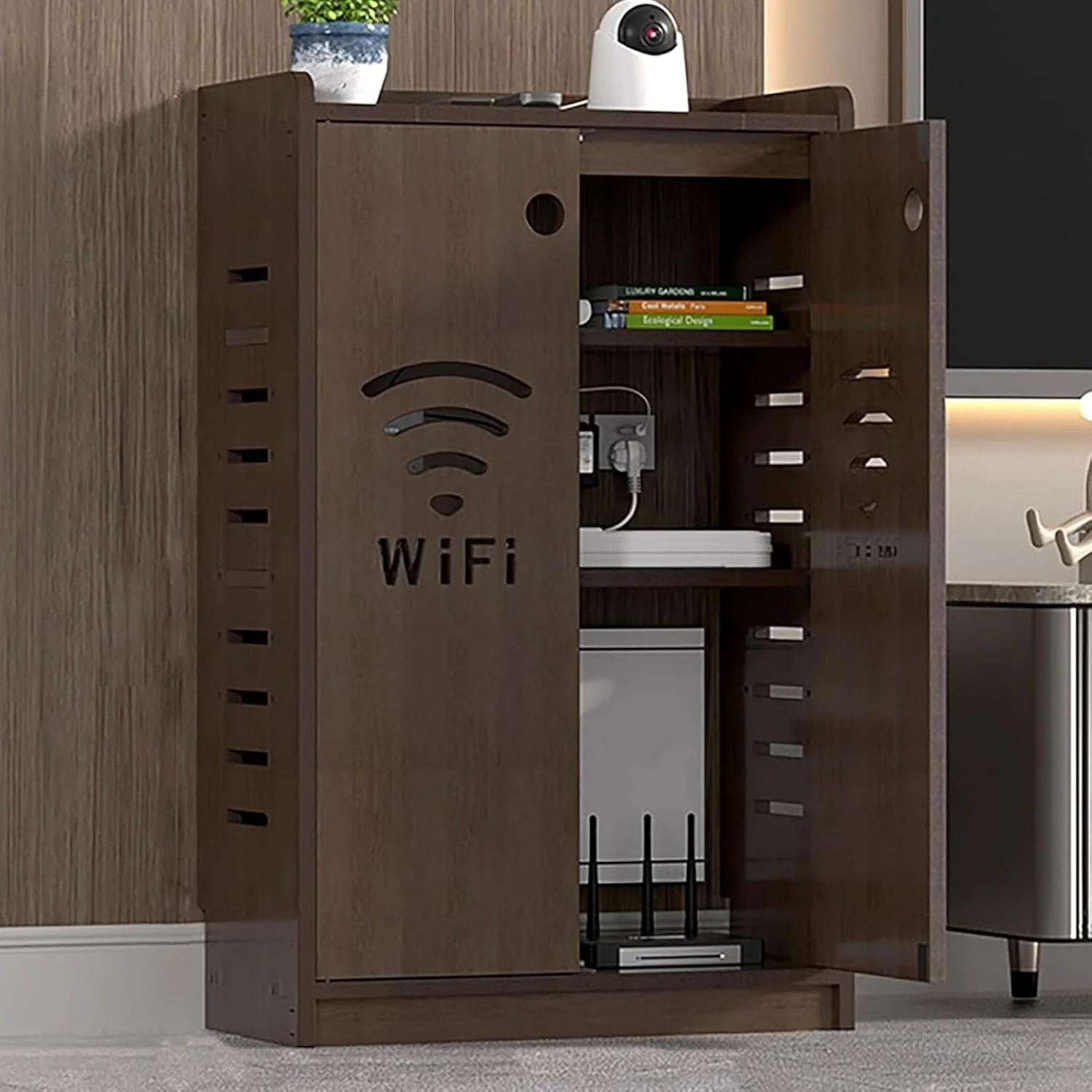 کابینت جعبه ذخیره سازی روتر وای فای، کابینت روتر با طراحی قفل درب، جعبه ذخیره سازی تزئینی روتر ایستاده، پوشش مودم روتر (قهوه ای، 80 سانتی متر)