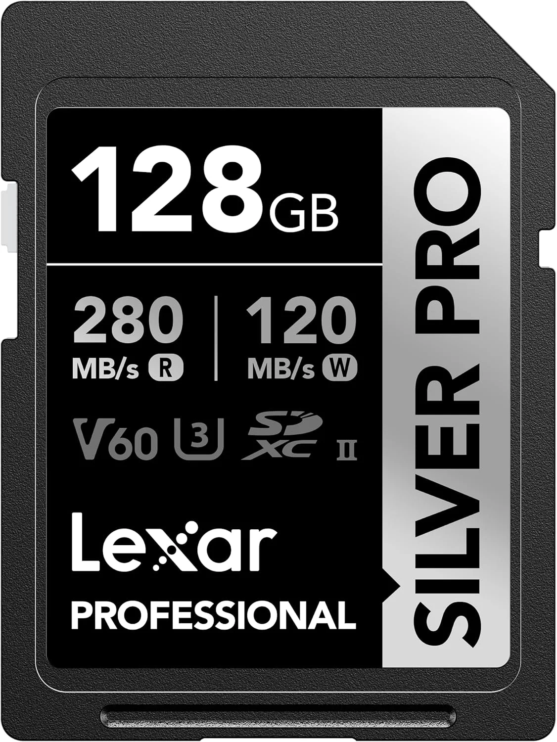 کارت حافظه لکسار Professional SILVER PRO SDXC UHS-II با ظرفیت 128 گیگابایت، کلاس 10، U3، V60، مناسب برای ویدئوهای Full-HD و 4K، سرعت خواندن تا 280 مگابایت بر ثانیه، برای عکاسان، فیلمبرداران و علاقه مندان حرفه ای (LSDSIPR128G-BNNNU)