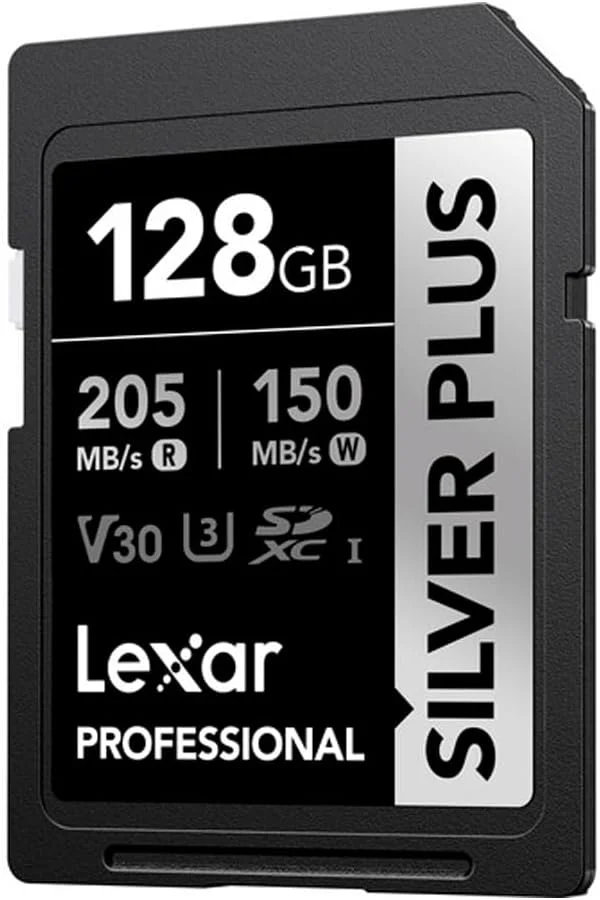کارت حافظه لکسار Professional 128GB SILVER PLUS UHS-I C10 U3 V30 SDXC با سرعت خواندن 205MB/s و نوشتن 150MB/s