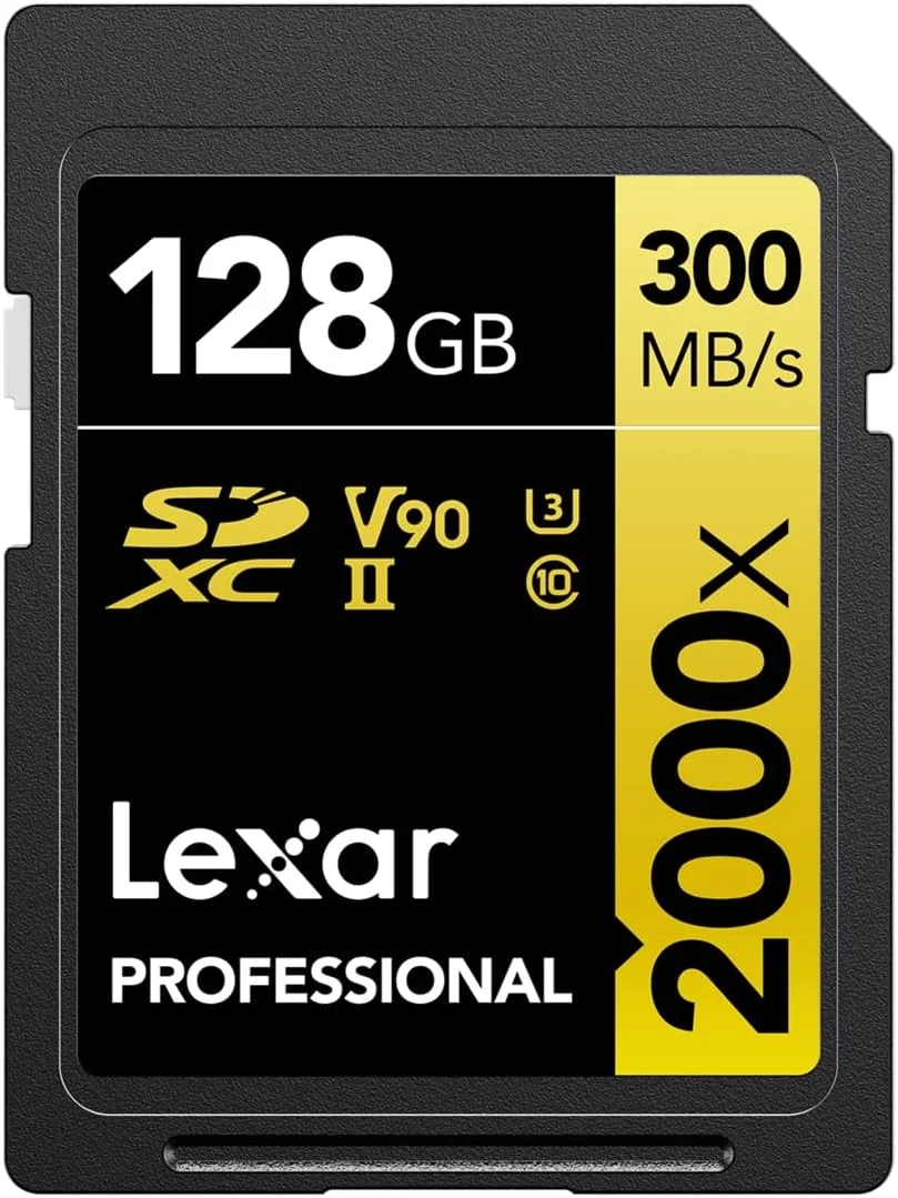 کارت حافظه لکسار Professional 2000x با ظرفیت 128 گیگابایت SDXC UHS-II، سرعت خواندن تا 300 مگابایت بر ثانیه، برای دوربین های DSLR و فیلمبرداری با کیفیت سینمایی