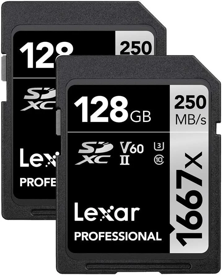 کارت حافظه 128 گیگابایتی Lexar Professional 1667x SDXC (بسته 2 عددی)، UHS-II، C10، U3، V60، ویدیوی Full-HD و 4K، سرعت خواندن تا 250 مگابایت بر ثانیه، برای عکاسان، فیلمبرداران و علاقه مندان حرفه ای (LSD128CBNA16672)