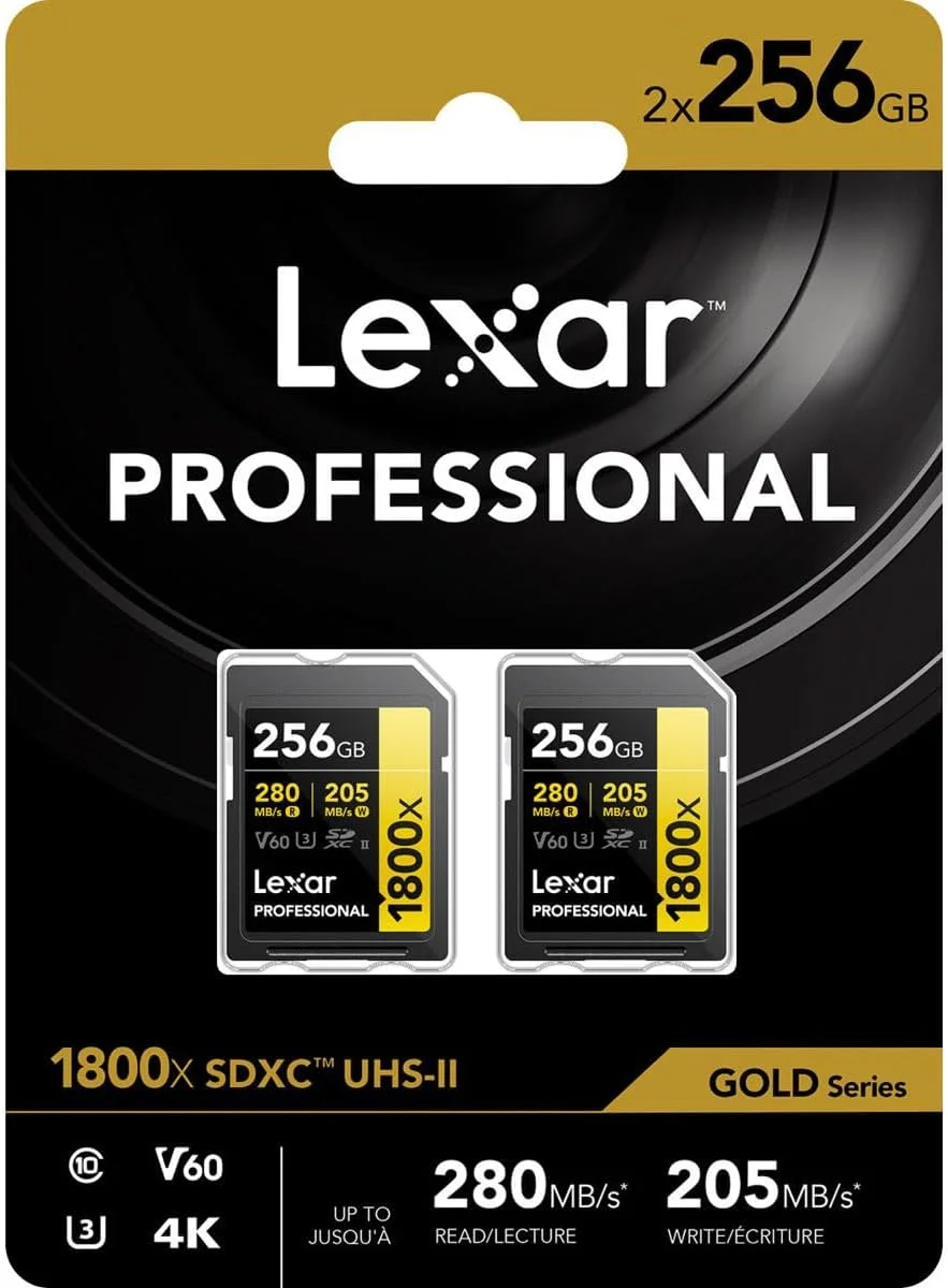 کارت حافظه 256 گیگابایتی Lexar Gold Series Professional 1800x UHS-II SDXC، بسته 2 عددی