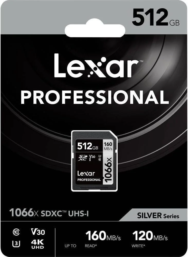 کارت حافظه SDXC لکسار Professional SILVER با ظرفیت 512 گیگابایت، سرعت 1066x UHS-I C10 V30 U3 4K UHD، سرعت خواندن تا 160 مگابایت بر ثانیه و سرعت نوشتن 120 مگابایت بر ثانیه
