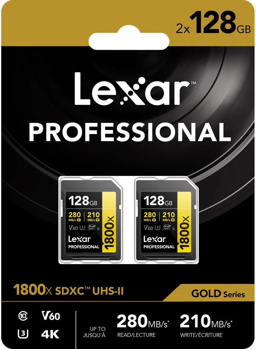 کارت حافظه 128 گیگابایتی Lexar Gold Series Professional 1800x UHS-II SDXC، بسته 2 عددی