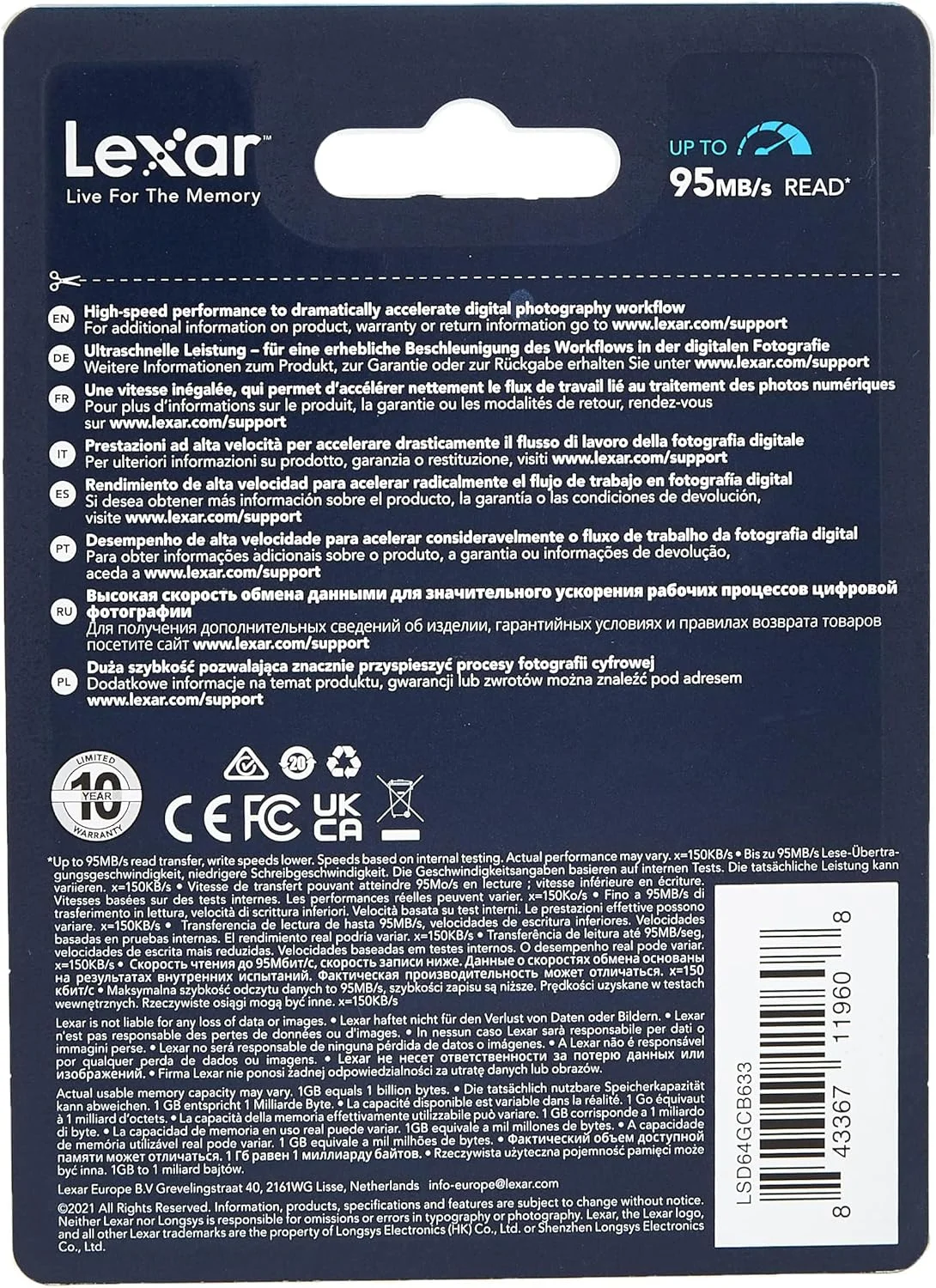 کارت حافظه لکسار Professional 633X Sdhc/Sdxc Uhs-I با سرعت 95Mbps، ظرفیت 64GB