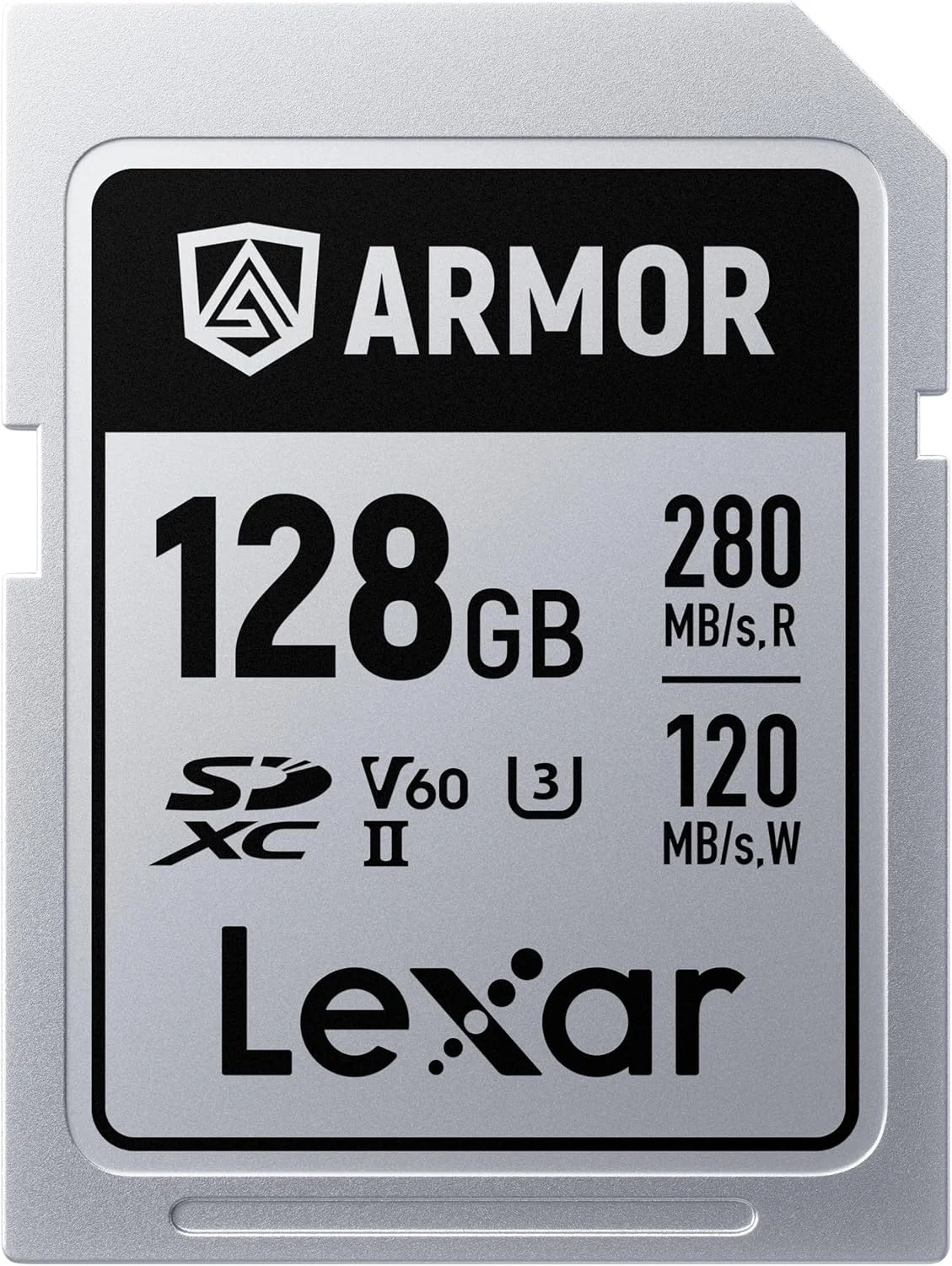 کارت حافظه لکسار 128 گیگابایت Armor Silver PRO SDXC، UHS-II، C10، U3، V60، 6K UHD، سرعت خواندن تا 280 مگابایت بر ثانیه، فولاد ضد زنگ، برای عکاسان، فیلمبرداران و علاقه مندان حرفه ای (LSDAMSP128G-RNNNU)