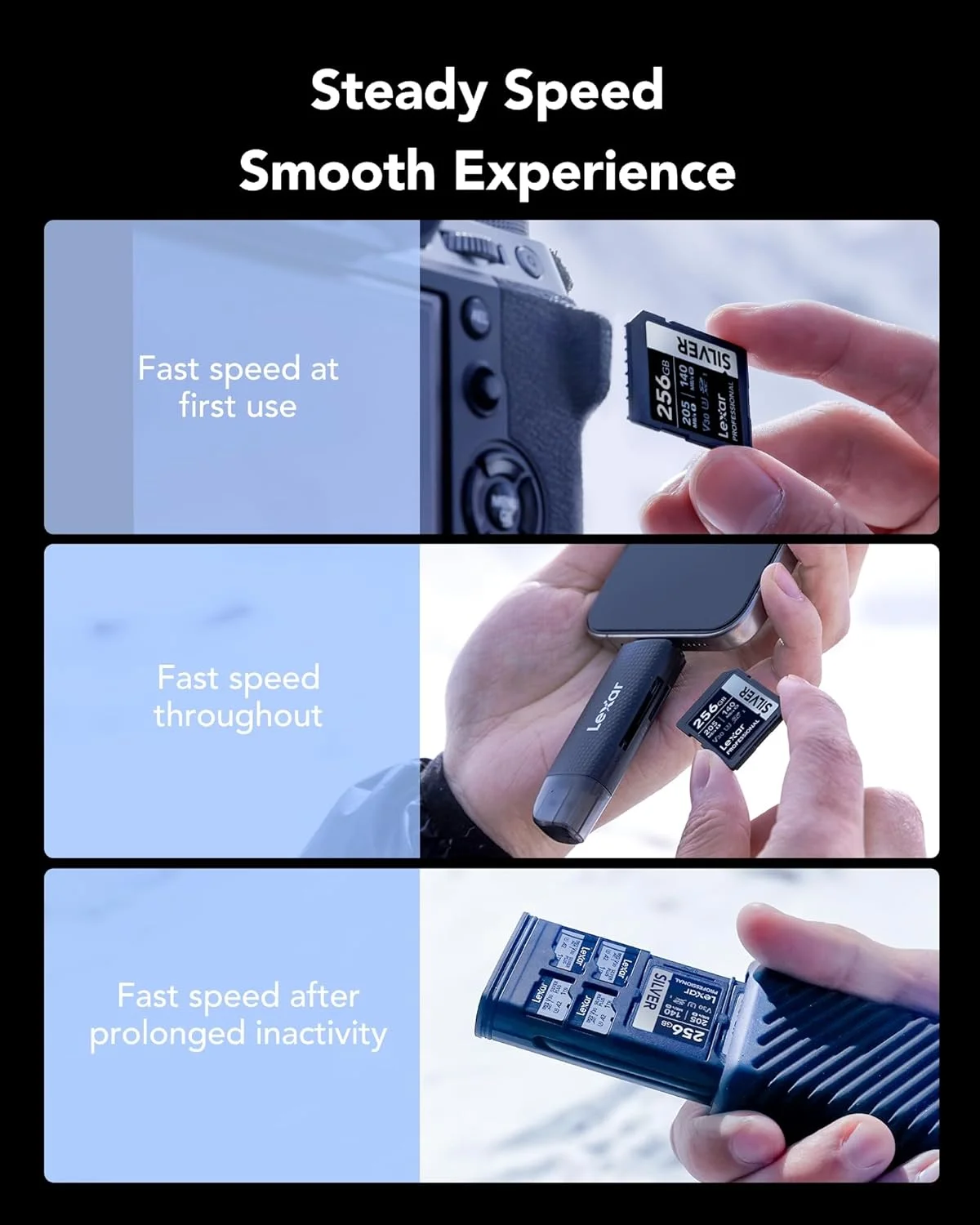 کارت حافظه لکسار سیلور SD با ظرفیت 512 گیگابایت، کارت SDXC UHS-I با سرعت خواندن 205 مگابایت بر ثانیه و سرعت نوشتن 140 مگابایت بر ثانیه، V30, U3, C10، مناسب برای ویدیوهای 4K UHD به همراه بازیابی اطلاعات