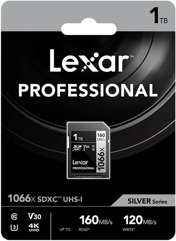 کارت حافظه لکسار Professional SILVER با ظرفیت 1 ترابایت، سرعت 1066x UHS-I C10 V30 U3 4K UHD SDXC، سرعت خواندن تا 160 مگابایت بر ثانیه و سرعت نوشتن 120 مگابایت بر ثانیه