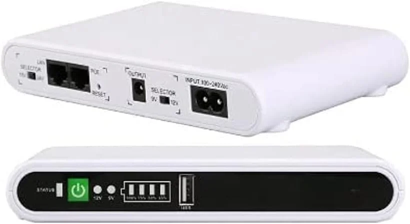 منبع تغذیه بدون وقفه DC POE-432P با باتری پشتیبان داخلی 10000mAh برای وای فای، مودم روتر، دوربین مداربسته، با توان خروجی 17W، خروجی USB 5V 1A، DC 9V/12V/1A، POE 15V/24V 0.6A - سفید
