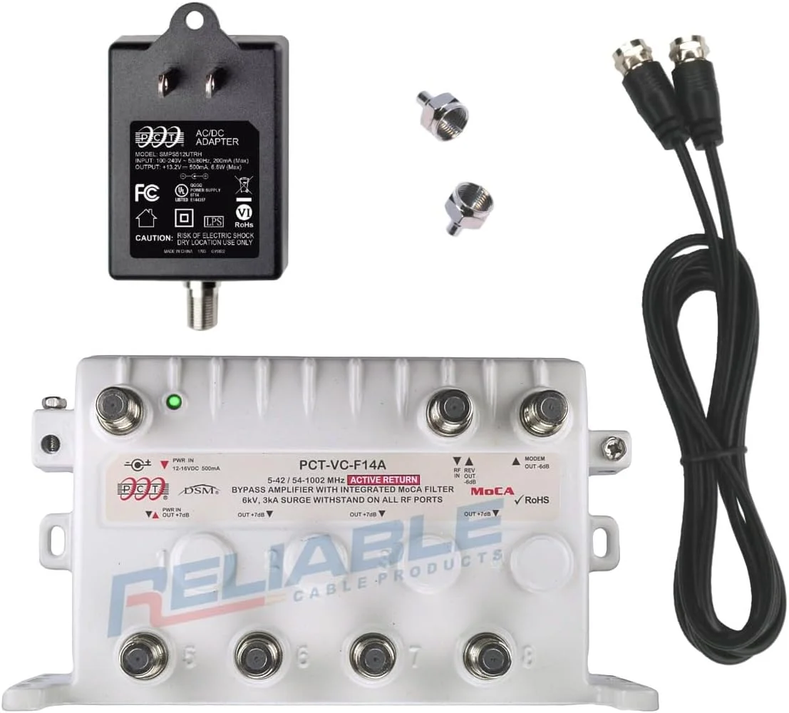 کیت تقویت کننده/تقسیم کننده سیگنال مودم تلویزیون MoCA پنج پورت محصولات کابل قابل اعتماد با بازگشت فعال بدون افت سیگنال، پورت بای پس، اتصال تا 5 دستگاه، برق و 2 ترمیناتور F59 PCT-VC-F14A