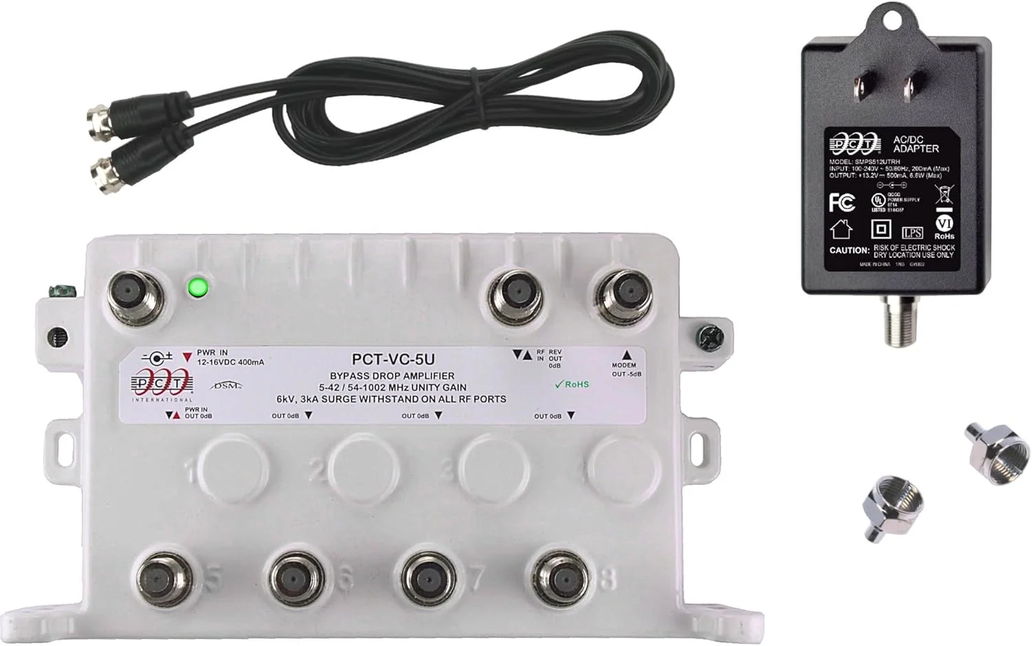 کیت تقویت کننده/اسپلیتر سیگنال مودم تلویزیون 5 پورت Reliable Cable Products با بازگشت فعال بدون افت سیگنال، پورت بای پس، اتصال تا 5 دستگاه، برق و 2 ترمیناتور F59 مدل PCT-VC-5UN