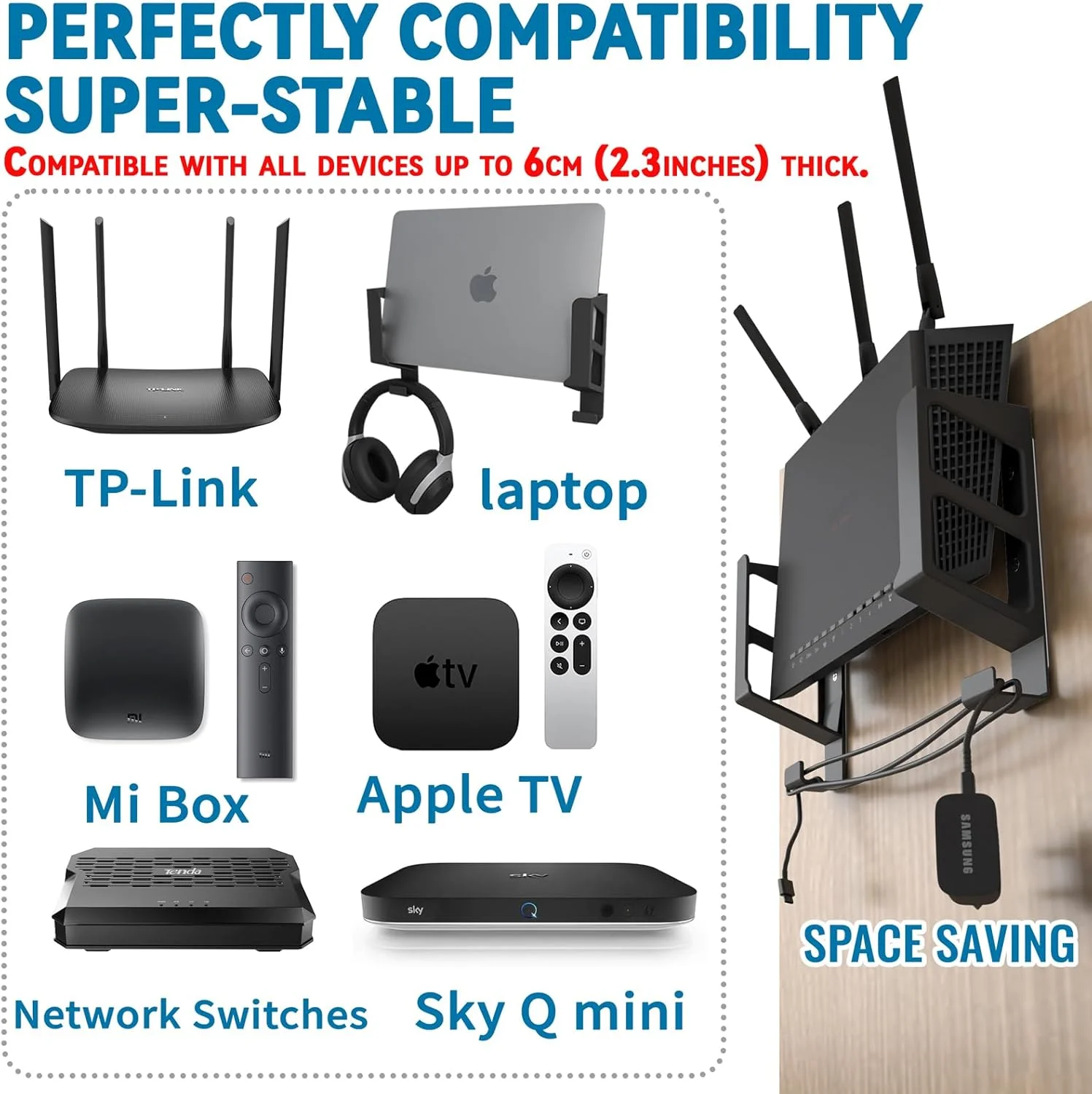 پایه دیواری یونیورسال sciuU - برای روترها/گیرنده دیجیتال/لپ تاپ/سوئیچ شبکه/مودم ها - سازگار با TP-Link، Mi Box، Apple TV، Sky Q - قفسه چند منظوره برای دستگاه ها تا ضخامت 6 سانتی متر، مشکی