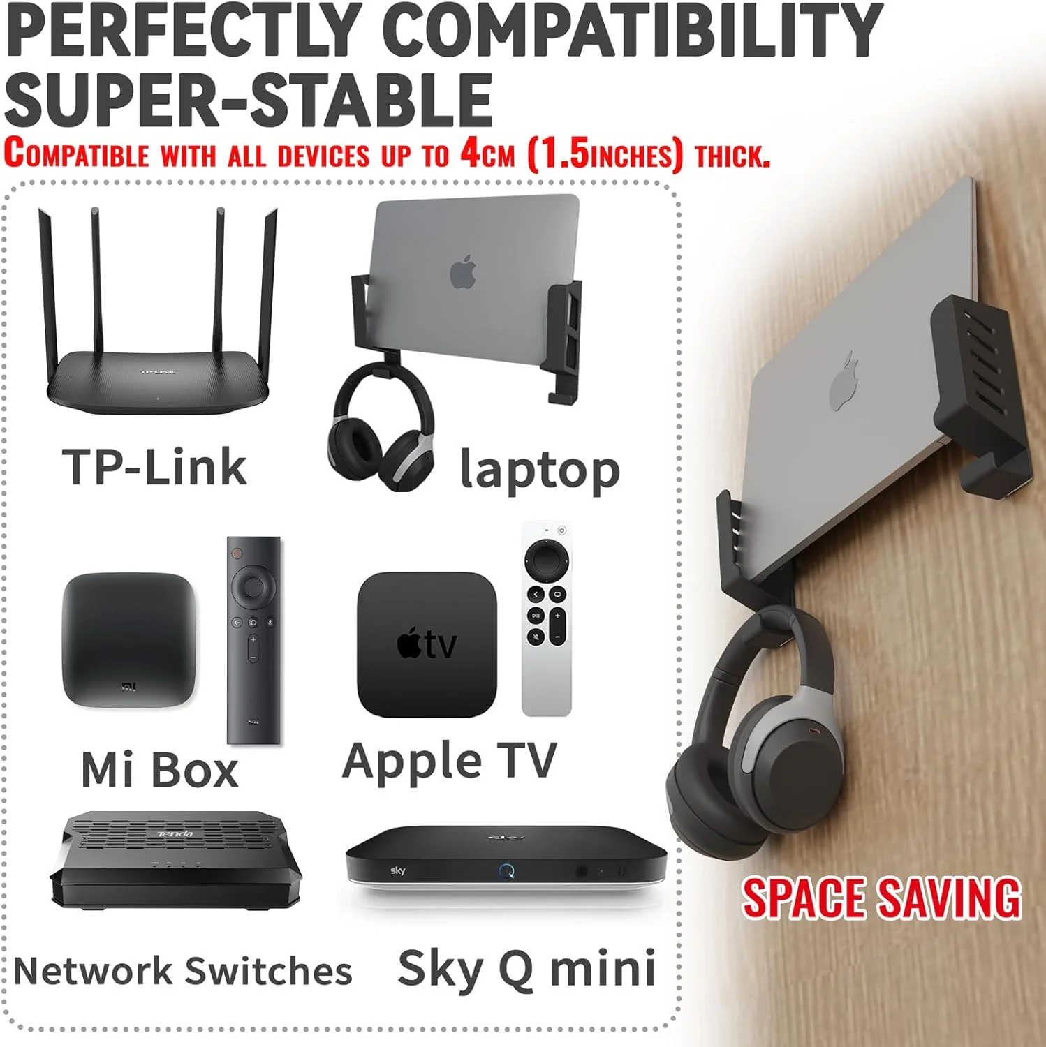 پایه دیواری چندمنظوره برای لپ تاپ، تی وی باکس، روتر وای فای، سوئیچ شبکه و مودم - سازگار با TP-Link، Mi Box، Apple TV، Sky Q - قفسه برای دستگاه هایی با ضخامت کمتر از 4 سانتی متر