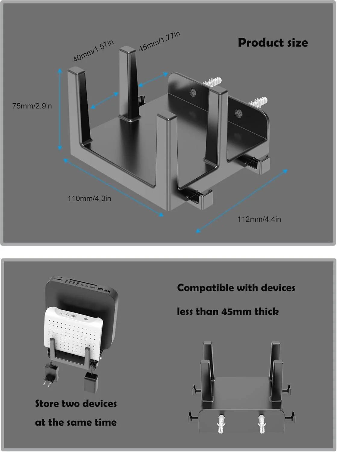 نگهدارنده دیواری جعبه کابل TYAMTOGSM برای روتر/مودم وای فای، قفسه برای اپل تی وی/ROKU سازگار با لپ تاپ/مک مینی و بیشتر - حداکثر عرض شکاف 45 میلی متر (مشکی)