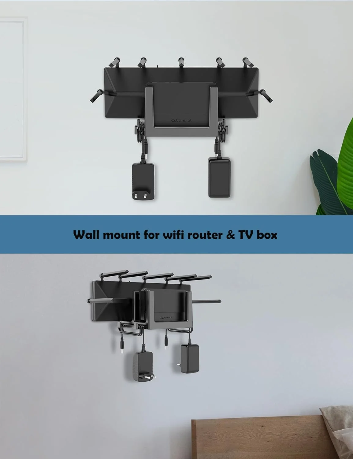 نگهدارنده دیواری جعبه کابل TYAMTOGSM برای روتر/مودم وای فای، قفسه برای اپل تی وی/ROKU سازگار با لپ تاپ/مک مینی و بیشتر - حداکثر عرض شکاف 45 میلی متر (مشکی)