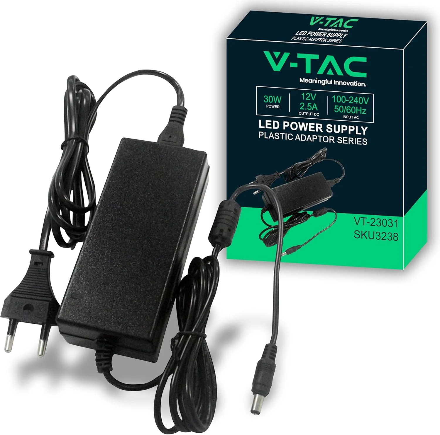 آداپتور برق 12 ولت 30 وات 2.5 آمپر V-TAC برای دوربین ها، نوارهای LED، مودم ها - ترانسفورماتور شارژر 12 ولت - دوشاخه 2 پین EU برای تجهیزات الکترونیکی - AC 100-240V 50/60Hz - مشکی