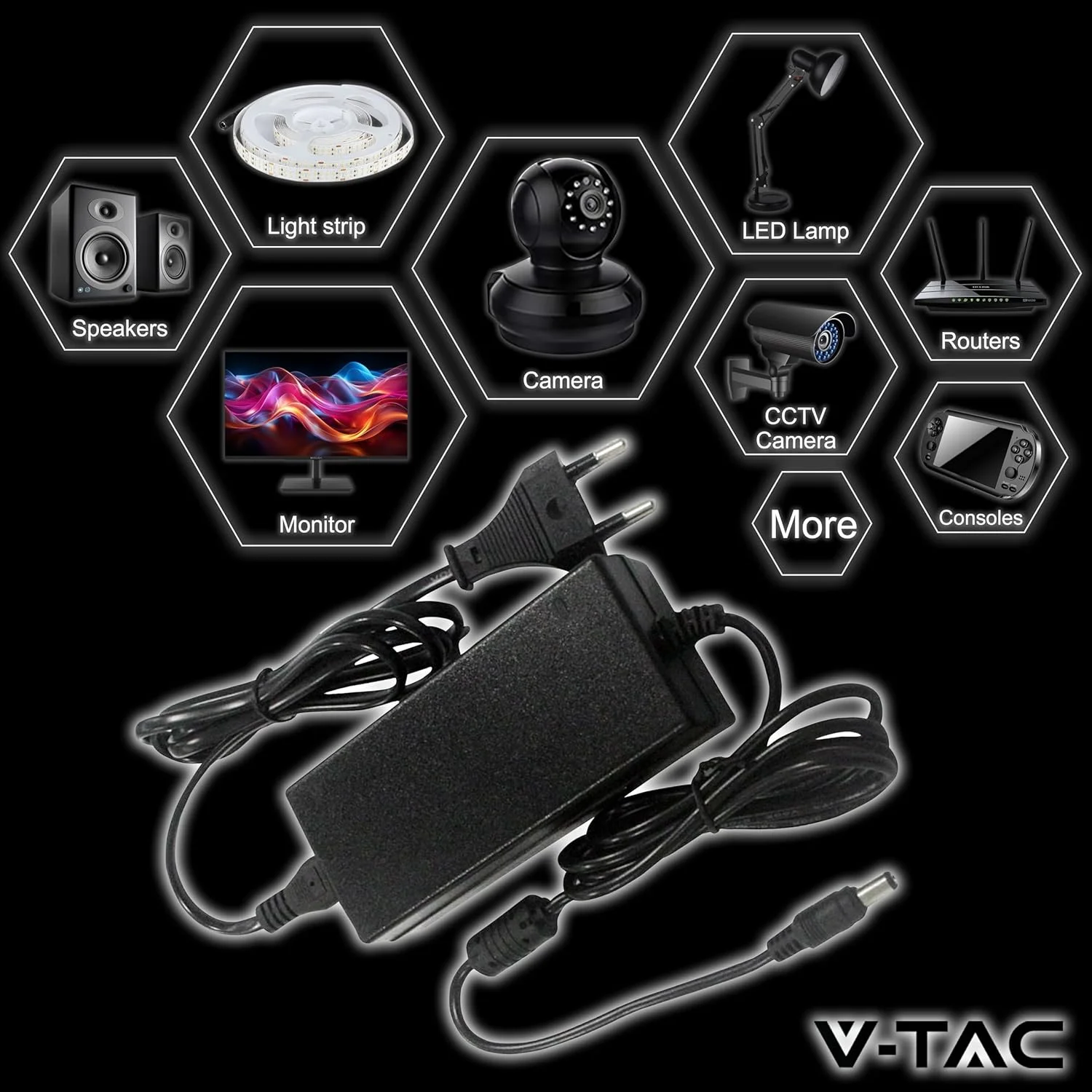 آداپتور برق 12 ولت 30 وات 2.5 آمپر V-TAC برای دوربین ها، نوارهای LED، مودم ها - ترانسفورماتور شارژر 12 ولت - دوشاخه 2 پین EU برای تجهیزات الکترونیکی - AC 100-240V 50/60Hz - مشکی