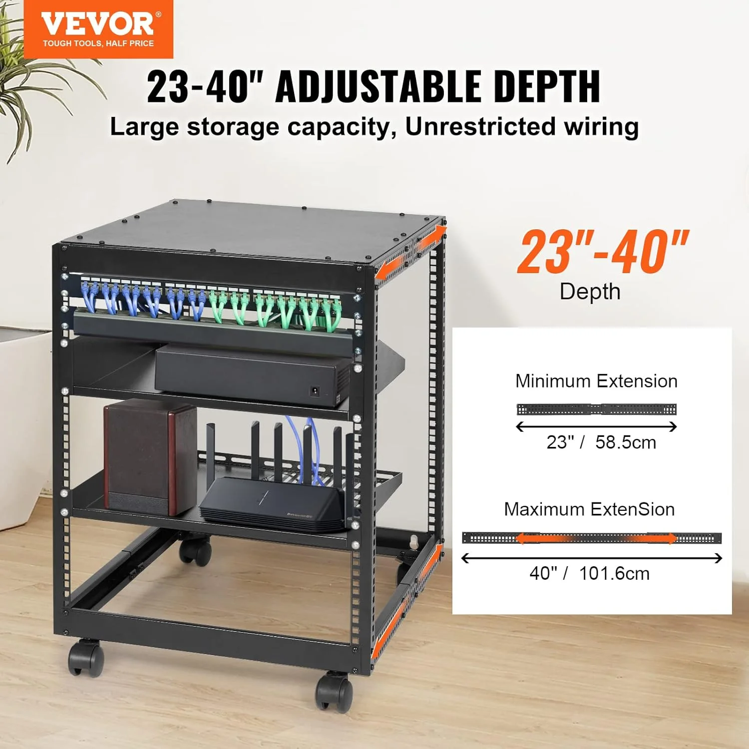 رک سرور فریم باز VEVOR 12U، عمق قابل تنظیم 15 تا 40 اینچ، رک سرور شبکه ایستاده یا قابل نصب روی دیوار، رک AV 4 پایه با چرخ، نگهدارنده تمام تجهیزات شبکه IT، روتر دمودم AV