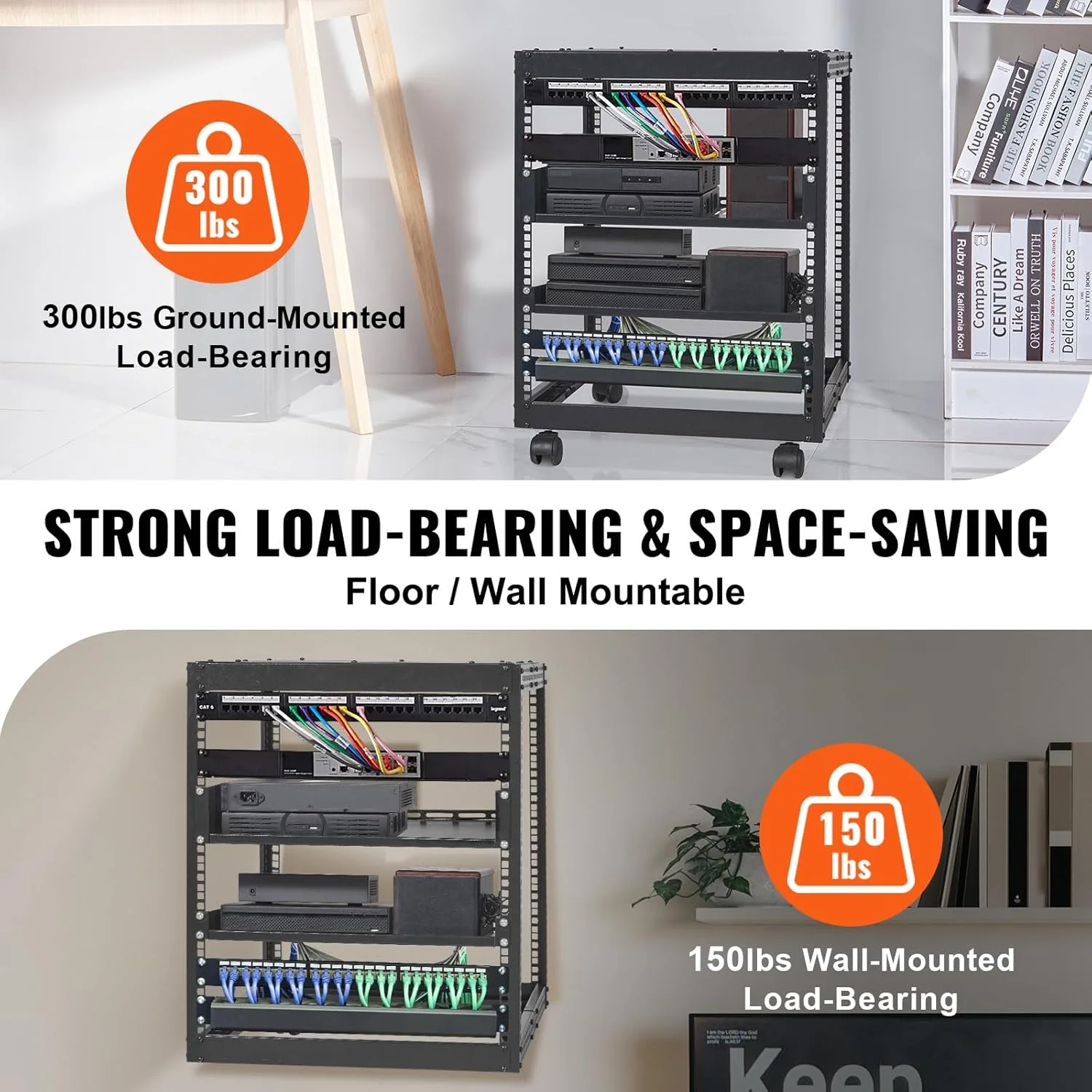 رک سرور فریم باز VEVOR 12U، عمق قابل تنظیم 15 تا 40 اینچ، رک سرور شبکه ایستاده یا قابل نصب روی دیوار، رک AV 4 پایه با چرخ، نگهدارنده تمام تجهیزات شبکه IT، روتر دمودم AV