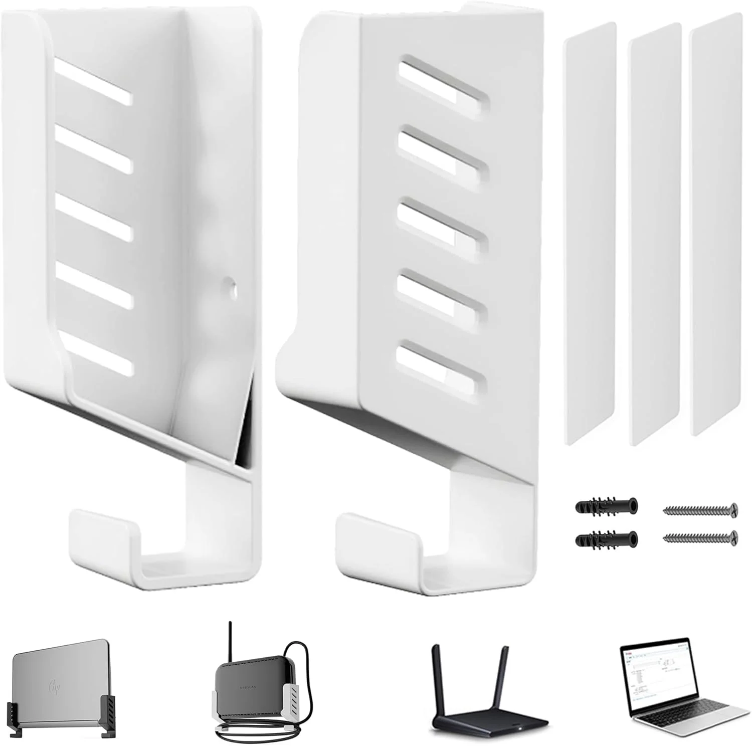 پایه دیواری روتر یونیورسال (سفید) برای مودم، تی وی باکس، سوئیچ شبکه، لپ تاپ، سازگار با اپل تی وی، اسکای کیو، تی پی لینک و غیره... پایه نگهدارنده برای دستگاه هایی با ضخامت 40 میلی متر