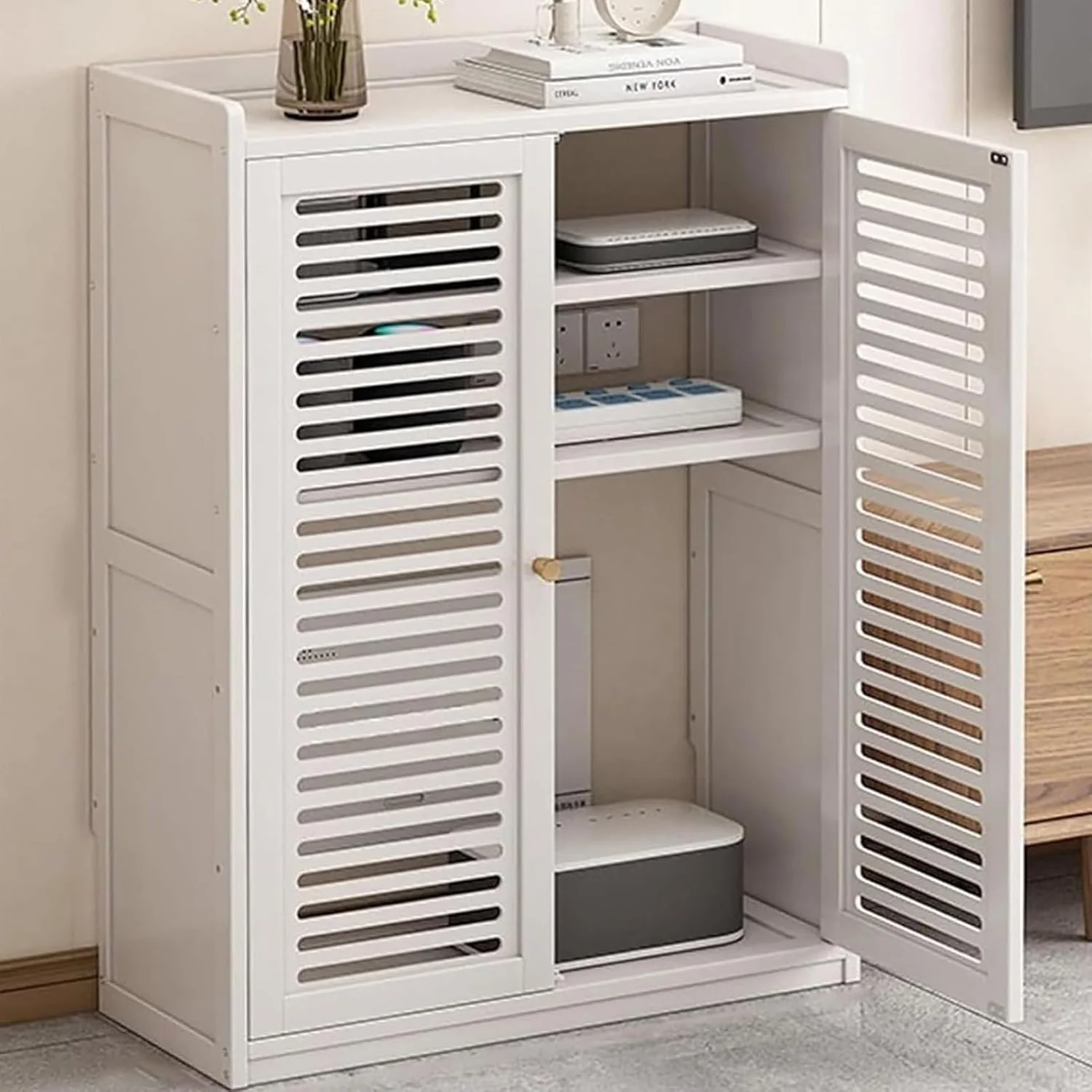 کابینت جعبه ذخیره سازی روتر وای فای بامبو، مخفی کننده مودم روتر ایستاده، کابینت ذخیره سازی رسانه خانگی برای دفتر (سفید، ارتفاع 97 سانتی متر)