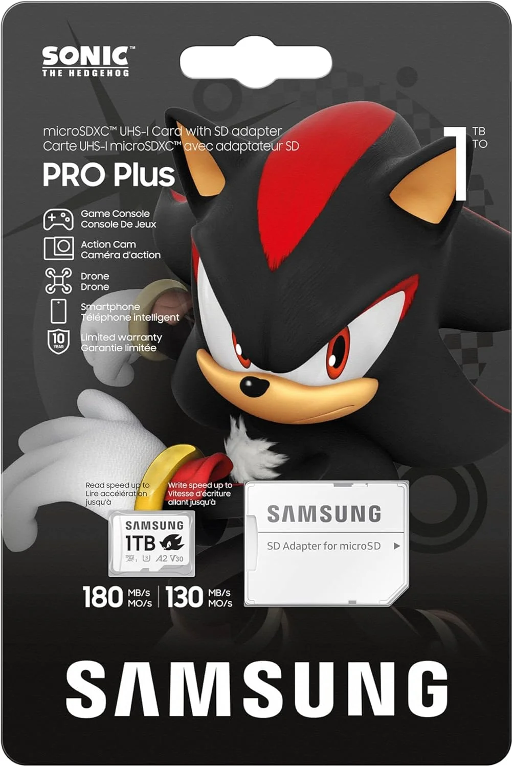 کارت حافظه microSDXC سامسونگ PRO Plus Sonic The Hedgehog به همراه آداپتور، 1 ترابایت، سرعت تا 180 مگابایت بر ثانیه، Full HD & 4K UHD، UHS-I، C10، U3، V30، A2، مناسب برای Nintendo-Switch، Steam Deck، GoPRO، DJI Drone، تبلت ها (MB-MD1T0SA/LC1)