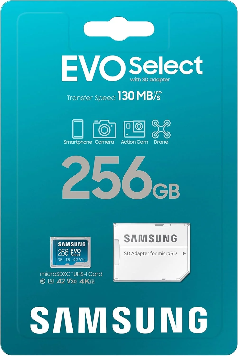کارت حافظه میکرو اس دی SAMSUNG EVO Select + آداپتور، 256 گیگابایت microSDXC 130MB/s Full HD & 4K UHD, UHS-I, U3, A2, V30، فضای ذخیره سازی توسعه یافته برای تلفن های هوشمند اندروید، تبلت ها، نینتندو سوییچ (MB-ME256KA/AM)