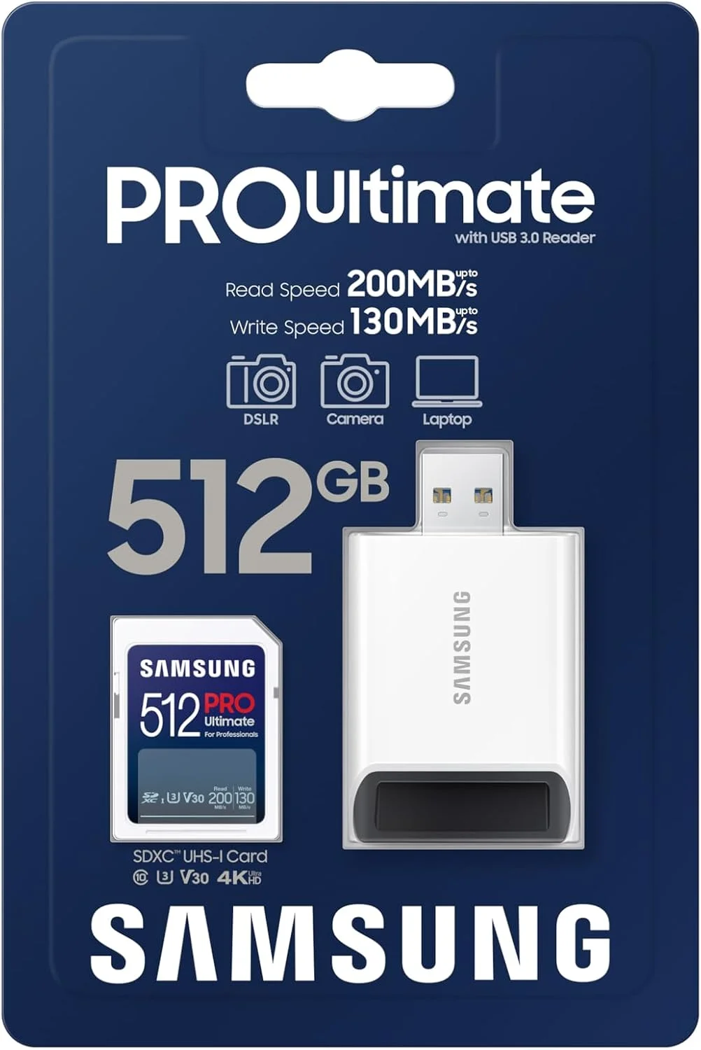 کارت حافظه microSD سامسونگ PRO Ultimate به همراه رم ریدر، 512 گیگابایت SDXC، سرعت تا 200 مگابایت بر ثانیه، 4K UHD، UHS-I، C10، U3، V30، A2 مناسب برای دوربین های DSLR و بدون آینه، کامپیوترها، مدل MB-SY512SB/AM